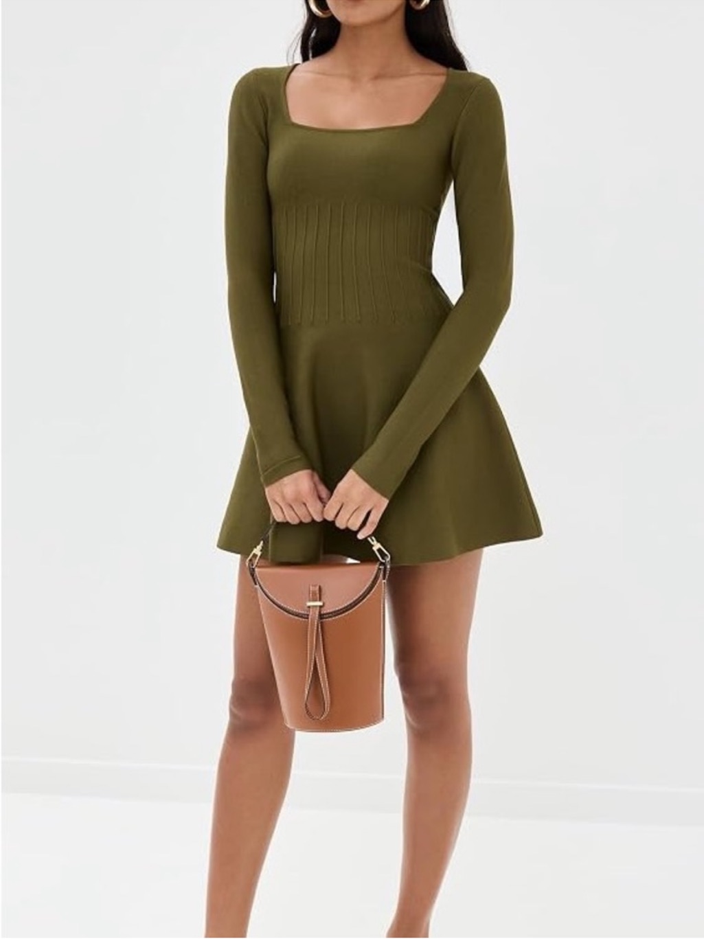 Staud - Deora Square Knit Long Sleeve Pleated Mini Dress - Sergeant Green - Med